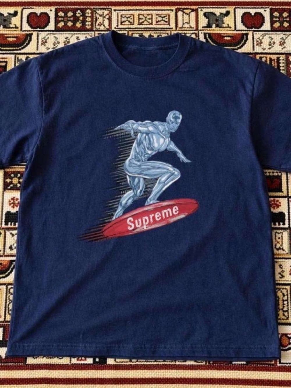 Gildan Navy Tee with Silver Surfer on Red Surfboard